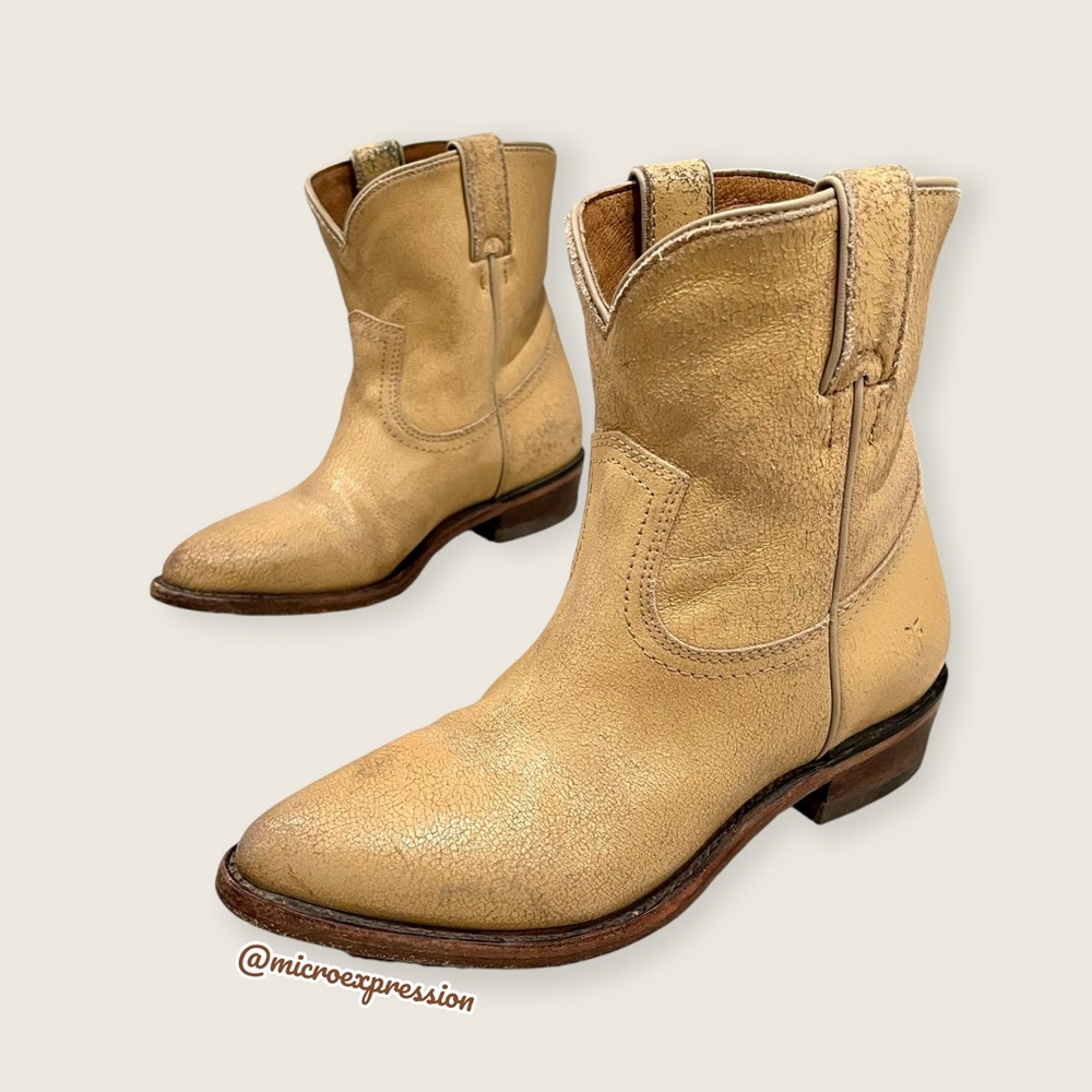 $379 Frye Billy Pull On Sunflower Tan/Beige Crackled Leather Cowboy Short Boot - Picture 9 of 16